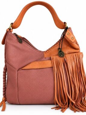 Vintage MUXO Camila Alves Leather Fringe Hobo Bag Rare Rose Peach